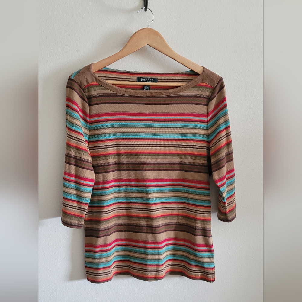 Ralph Lauren Earthy Striped Suede-trimmed Top, Women's XL, Brown, Red, Teal.